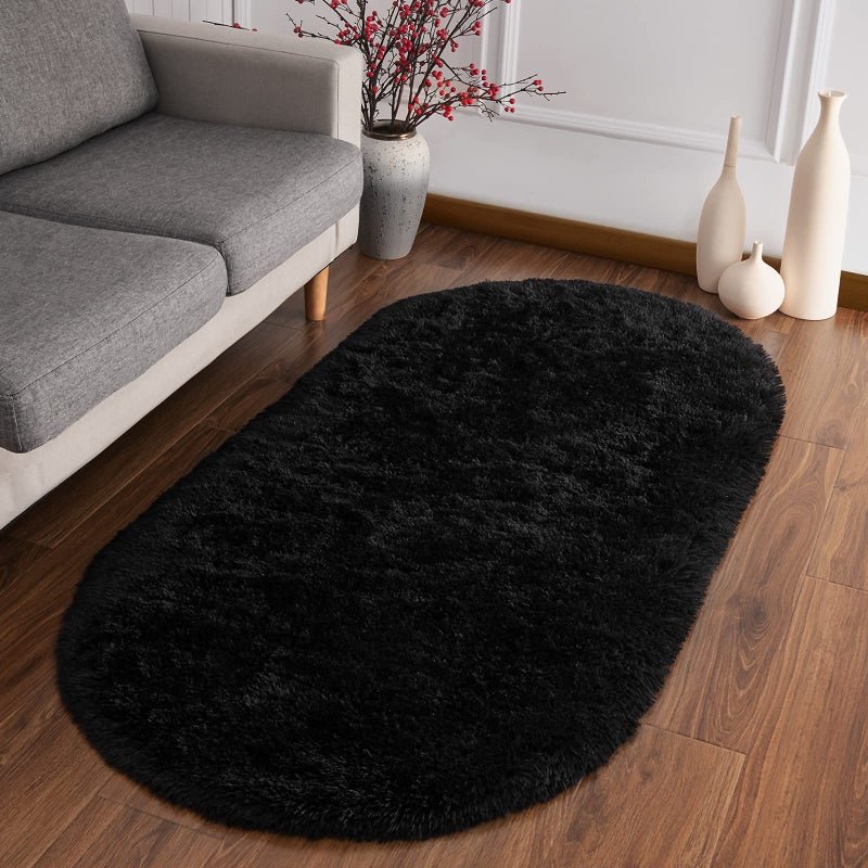 Softlife Fluffy Rugs for Bedroom, Shag Cute Area Rug for Girls and Kids Baby Room Home Decor, 2.6 x 5.3 Feet Oval Indoor Carpet for Nursery Dorm Living Room, Black - Image 2